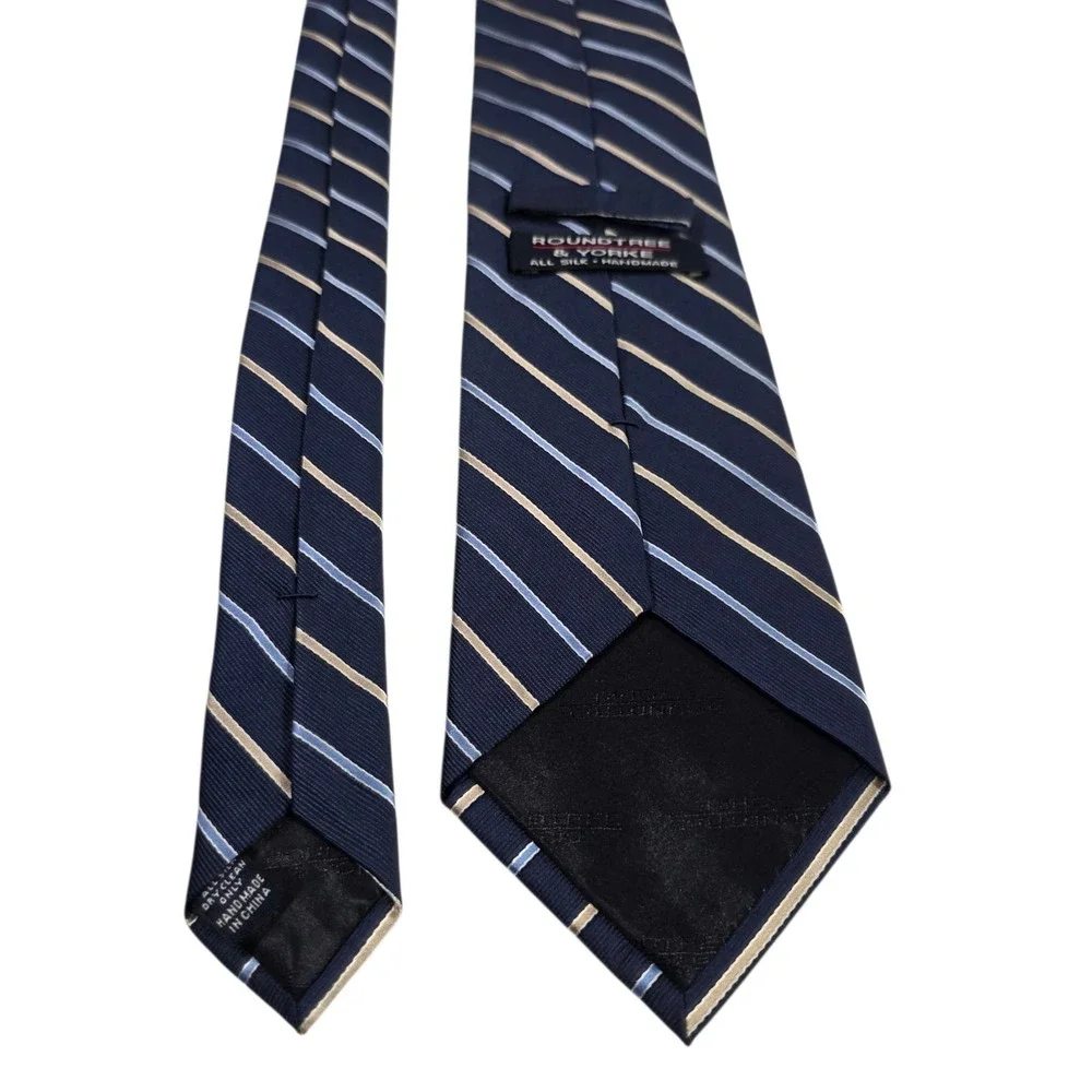 ROUNDTREE & YORKE Striped REPP Silk Handmade Necktie Blue Navy Cream‎ Classic